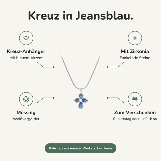 Erklärbild Kreuz in Jeansblau. Kreuz-Anhänger: Mit blauem Akzent, Mit Zirkonia: Funkelnde Steine, Messing: Weißvergoldet, Zum Verschenken: Geburtstag oder einfach so