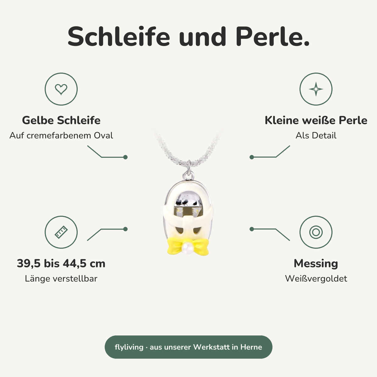 Erklärbild Schleife und Perle. Gelbe Schleife: Auf cremefarbenem Oval, Kleine weiße Perle: Als Detail, 39,5 bis 44,5 cm: Länge verstellbar, Messing: Weißvergoldet