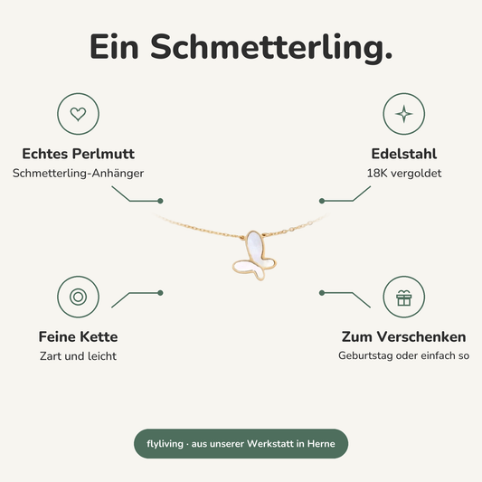 Erklärbild Ein Schmetterling. Echtes Perlmutt: Schmetterling-Anhänger, Edelstahl: 18K vergoldet, Feine Kette: Zart und leicht, Zum Verschenken: Geburtstag oder einfach so