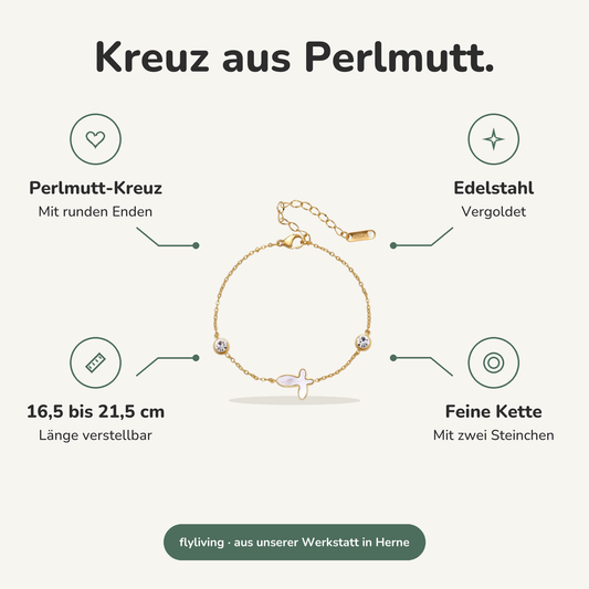 Erklärbild Kreuz aus Perlmutt. Perlmutt-Kreuz: Mit runden Enden, Edelstahl: Vergoldet, 16,5 bis 21,5 cm: Länge verstellbar, Feine Kette: Mit zwei Steinchen