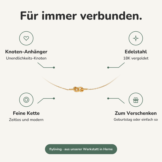 Erklärbild Für immer verbunden. Knoten-Anhänger: Unendlichkeits-Knoten, Edelstahl: 18K vergoldet, Feine Kette: Zeitlos und modern, Zum Verschenken: Geburtstag oder einfach so