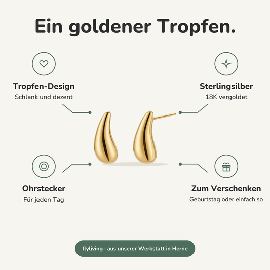 Erklärbild Ein goldener Tropfen. Tropfen-Design: Schlank und dezent, Sterlingsilber: 18K vergoldet, Ohrstecker: Für jeden Tag, Zum Verschenken: Geburtstag oder einfach so