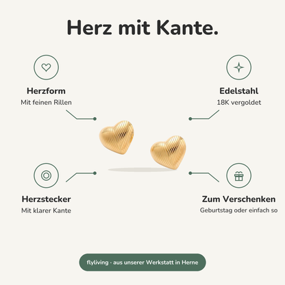 Erklärbild Herz mit Kante. Herzform: Mit feinen Rillen, Edelstahl: 18K vergoldet, Herzstecker: Mit klarer Kante, Zum Verschenken: Geburtstag oder einfach so