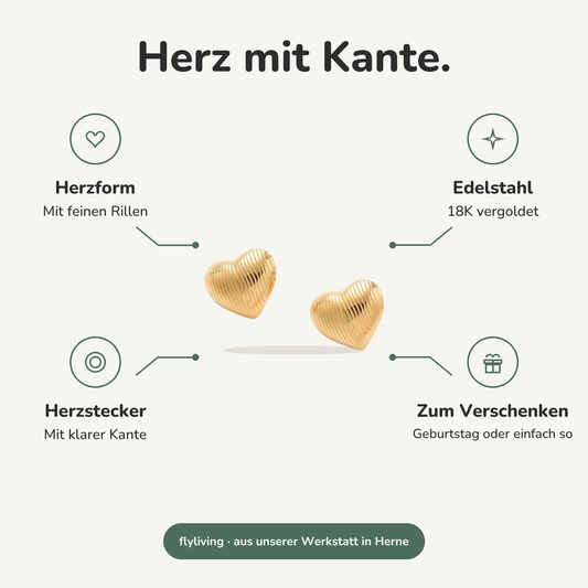 Erklärbild Herz mit Kante. Herzform: Mit feinen Rillen, Edelstahl: 18K vergoldet, Herzstecker: Mit klarer Kante, Zum Verschenken: Geburtstag oder einfach so