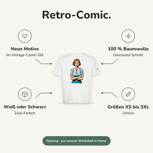 Erklärbild Retro-Comic. Neun Motive: Im Vintage-Comic-Stil, 100 % Baumwolle: Oversized-Schnitt, Weiß oder Schwarz: Zwei Farben, Größen XS bis 3XL: Unisex