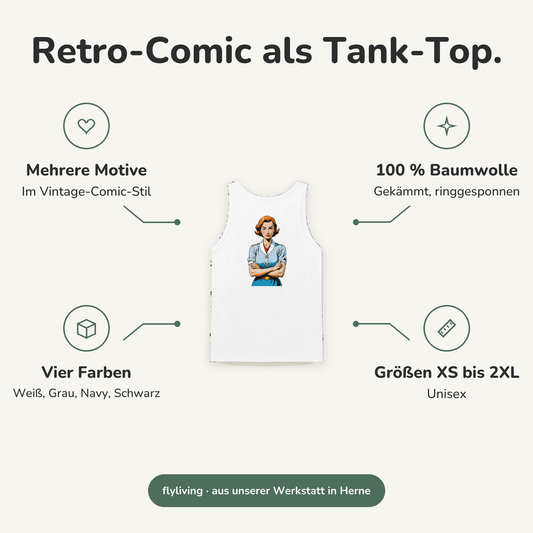 Erklärbild Retro-Comic als Tank-Top. Mehrere Motive: Im Vintage-Comic-Stil, 100 % Baumwolle: Gekämmt, ringgesponnen, Vier Farben: Weiß, Grau, Navy, Schwarz, Größen XS bis 2XL: Unisex