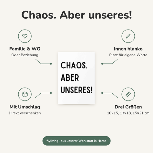 Erklärbild Chaos. Aber unseres! Familie & WG: Oder Beziehung, Innen blanko: Platz für eigene Worte, Mit Umschlag: Direkt verschenken, Drei Größen: 10×15, 13×18, 15×21 cm