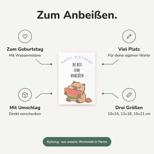 Erklärbild Zum Anbeißen. Zum Geburtstag: Mit Wassermelone, Viel Platz: Für deine eigenen Worte, Mit Umschlag: Direkt verschenken, Drei Größen: 10×15, 13×18, 15×21 cm