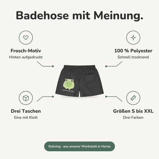 Erklärbild Badehose mit Meinung. Frosch-Motiv: Hinten aufgedruckt, 100 % Polyester: Schnell trocknend, Drei Taschen: Eine mit Klett, Größen S bis XXL: Drei Farben