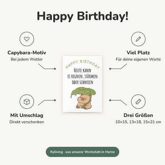 Erklärbild Happy Birthday! Capybara-Motiv: Bei jedem Wetter, Viel Platz: Für deine eigenen Worte, Mit Umschlag: Direkt verschenken, Drei Größen: 10×15, 13×18, 15×21 cm