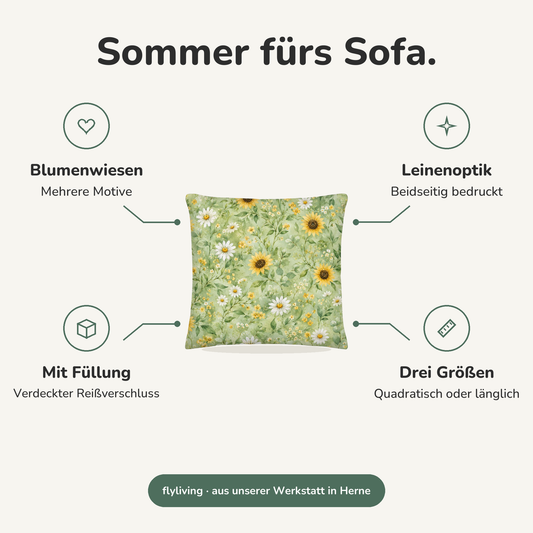 Erklärbild Sommer fürs Sofa. Blumenwiesen: Mehrere Motive, Leinenoptik: Beidseitig bedruckt, Mit Füllung: Verdeckter Reißverschluss, Drei Größen: Quadratisch oder länglich