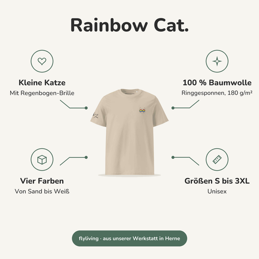 Erklärbild Rainbow Cat. Kleine Katze: Mit Regenbogen-Brille, 100 % Baumwolle: Ringgesponnen, 180 g/m², Vier Farben: Von Sand bis Weiß, Größen S bis 3XL: Unisex