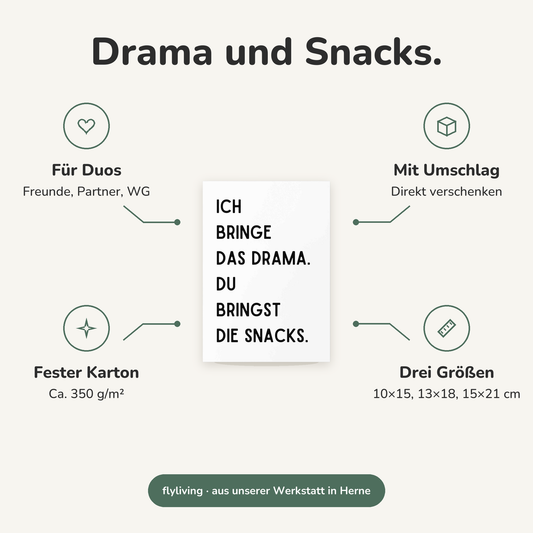 Erklärbild Drama und Snacks. Für Duos: Freunde, Partner, WG, Mit Umschlag: Direkt verschenken, Fester Karton: Ca. 350 g/m², Drei Größen: 10×15, 13×18, 15×21 cm