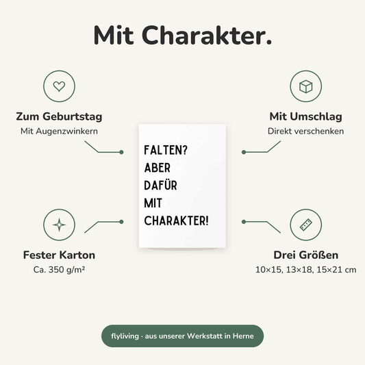 Erklärbild Mit Charakter. Zum Geburtstag: Mit Augenzwinkern, Mit Umschlag: Direkt verschenken, Fester Karton: Ca. 350 g/m², Drei Größen: 10×15, 13×18, 15×21 cm