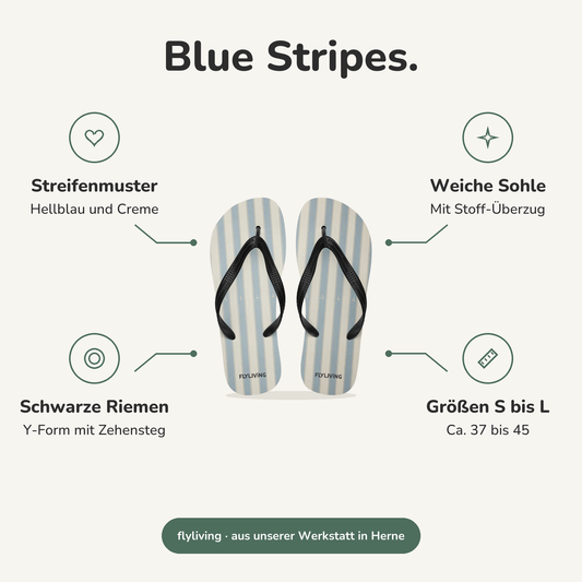Erklärbild Blue Stripes. Streifenmuster: Hellblau und Creme, Weiche Sohle: Mit Stoff-Überzug, Schwarze Riemen: Y-Form mit Zehensteg, Größen S bis L: Ca. 37 bis 45