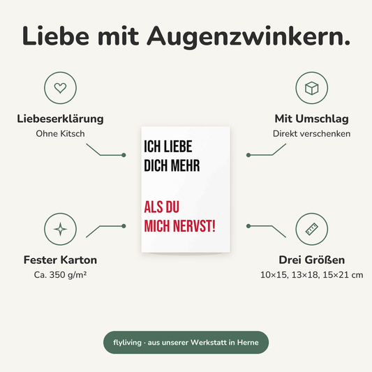 Erklärbild Liebe mit Augenzwinkern. Liebeserklärung: Ohne Kitsch, Mit Umschlag: Direkt verschenken, Fester Karton: Ca. 350 g/m², Drei Größen: 10×15, 13×18, 15×21 cm