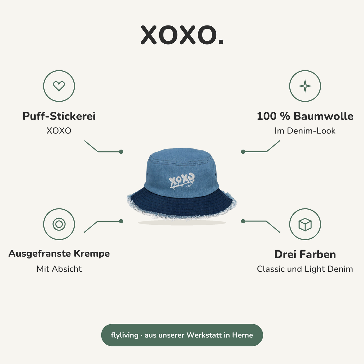 Erklärbild XOXO. Puff-Stickerei: XOXO, 100 % Baumwolle: Im Denim-Look, Ausgefranste Krempe: Mit Absicht, Drei Farben: Classic und Light Denim