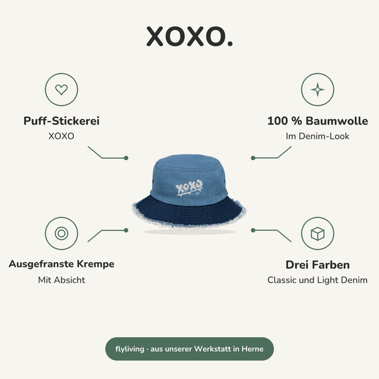 Erklärbild XOXO. Puff-Stickerei: XOXO, 100 % Baumwolle: Im Denim-Look, Ausgefranste Krempe: Mit Absicht, Drei Farben: Classic und Light Denim