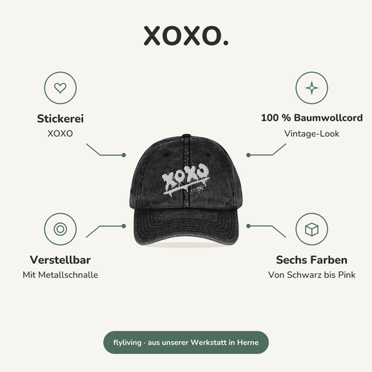 Erklärbild XOXO. Stickerei: XOXO, 100 % Baumwollcord: Vintage-Look, Verstellbar: Mit Metallschnalle, Sechs Farben: Von Schwarz bis Pink