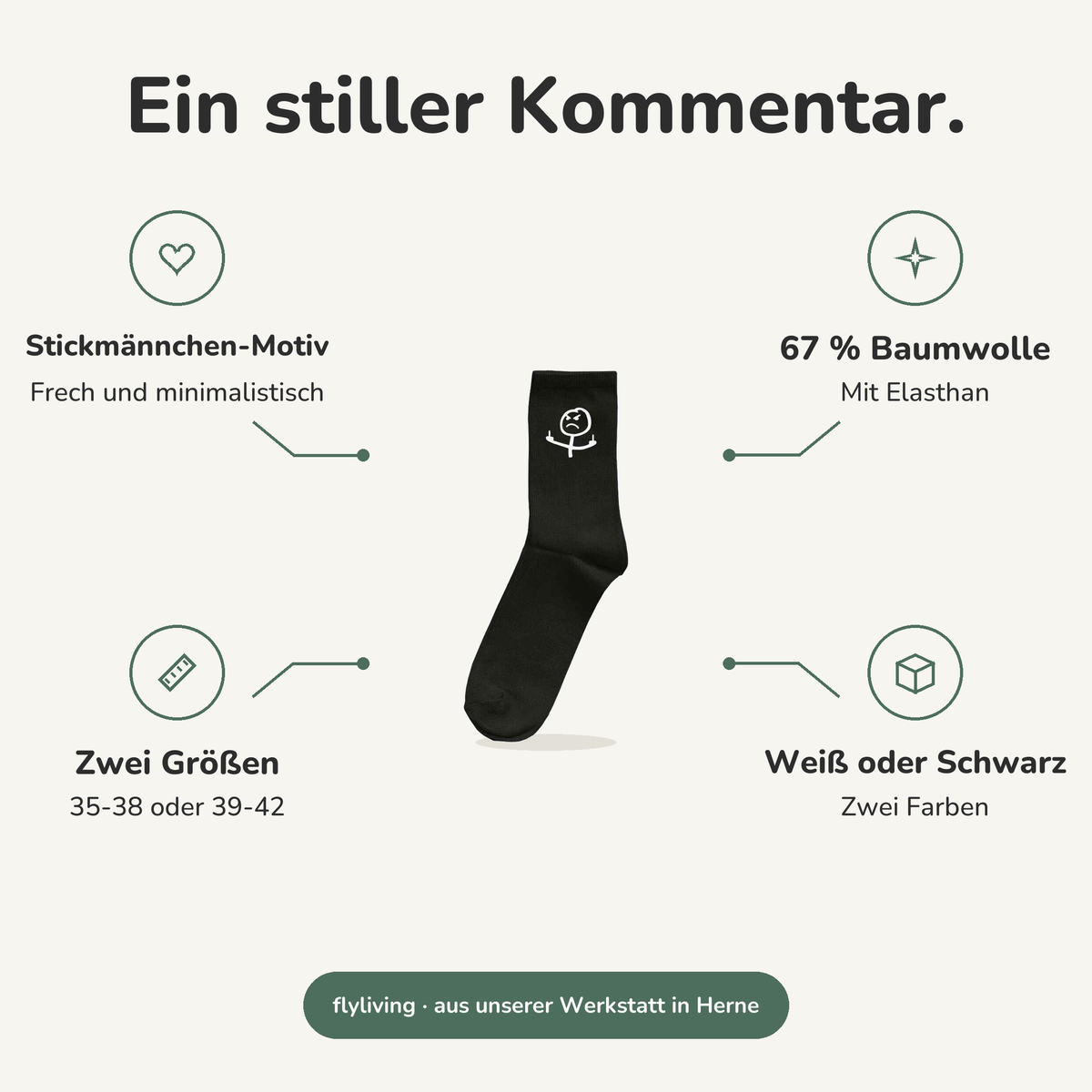 Erklärbild Ein stiller Kommentar. Stickmännchen-Motiv: Frech und minimalistisch, 67 % Baumwolle: Mit Elasthan, Zwei Größen: 35-38 oder 39-42, Weiß oder Schwarz: Zwei Farben