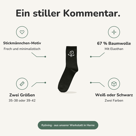 Erklärbild Ein stiller Kommentar. Stickmännchen-Motiv: Frech und minimalistisch, 67 % Baumwolle: Mit Elasthan, Zwei Größen: 35-38 oder 39-42, Weiß oder Schwarz: Zwei Farben