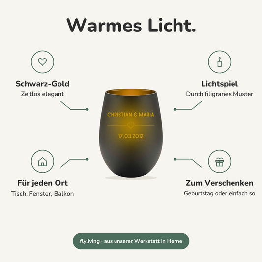 Erklärbild Warmes Licht. Schwarz-Gold: Zeitlos elegant, Lichtspiel: Durch filigranes Muster, Für jeden Ort: Tisch, Fenster, Balkon, Zum Verschenken: Geburtstag oder einfach so