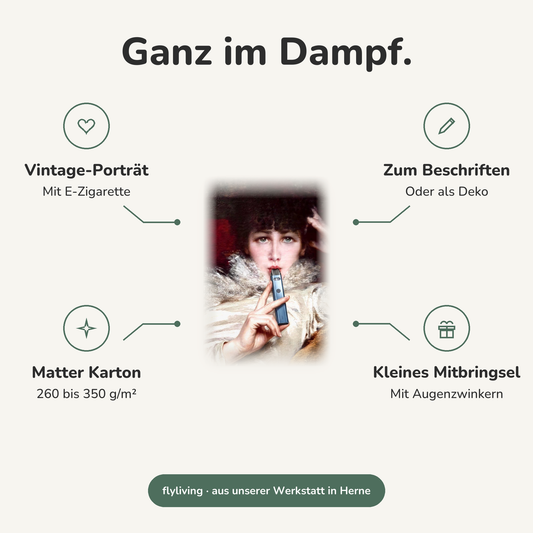 Erklärbild Ganz im Dampf. Vintage-Porträt: Mit E-Zigarette, Zum Beschriften: Oder als Deko, Matter Karton: 260 bis 350 g/m², Kleines Mitbringsel: Mit Augenzwinkern