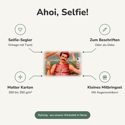 Erklärbild Ahoi, Selfie! Selfie-Segler: Vintage mit Twist, Zum Beschriften: Oder als Deko, Matter Karton: 260 bis 350 g/m², Kleines Mitbringsel: Mit Augenzwinkern