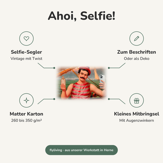 Erklärbild Ahoi, Selfie! Selfie-Segler: Vintage mit Twist, Zum Beschriften: Oder als Deko, Matter Karton: 260 bis 350 g/m², Kleines Mitbringsel: Mit Augenzwinkern