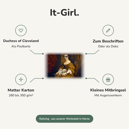 Erklärbild It-Girl. Duchess of Cleveland: Als Postkarte, Zum Beschriften: Oder als Deko, Matter Karton: 260 bis 350 g/m², Kleines Mitbringsel: Mit Augenzwinkern