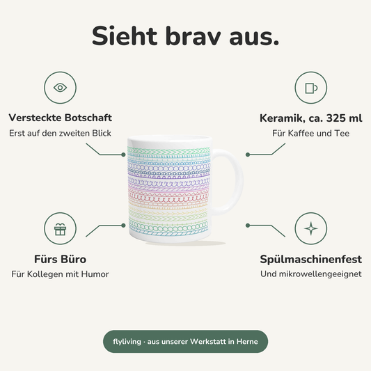 Erklärbild Sieht brav aus. Versteckte Botschaft: Erst auf den zweiten Blick, Keramik, ca. 325 ml: Für Kaffee und Tee, Fürs Büro: Für Kollegen mit Humor, Spülmaschinenfest: Und mikrowellengeeignet