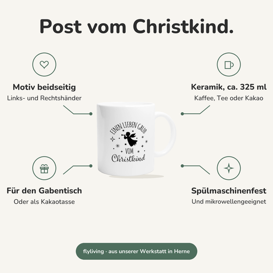 Erklärbild Post vom Christkind. Motiv beidseitig: Links- und Rechtshänder, Keramik, ca. 325 ml: Kaffee, Tee oder Kakao, Für den Gabentisch: Oder als Kakaotasse, Spülmaschinenfest: Und mikrowellengeeignet