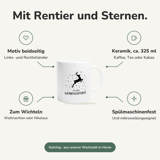 Erklärbild Mit Rentier und Sternen. Motiv beidseitig: Links- und Rechtshänder, Keramik, ca. 325 ml: Kaffee, Tee oder Kakao, Zum Wichteln: Weihnachten oder Nikolaus, Spülmaschinenfest: Und mikrowellengeeignet