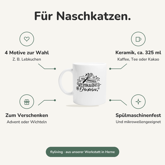 Erklärbild Für Naschkatzen. 4 Motive zur Wahl: Z. B. Lebkuchen, Keramik, ca. 325 ml: Kaffee, Tee oder Kakao, Zum Verschenken: Advent oder Wichteln, Spülmaschinenfest: Und mikrowellengeeignet