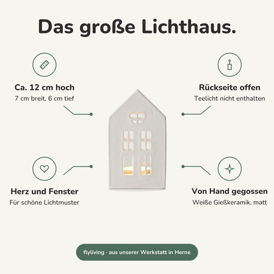 Erklärbild Das große Lichthaus. Ca. 12 cm hoch: 7 cm breit, 6 cm tief, Rückseite offen: Teelicht nicht enthalten, Herz und Fenster: Für schöne Lichtmuster, Von Hand gegossen: Weiße Gießkeramik, matt