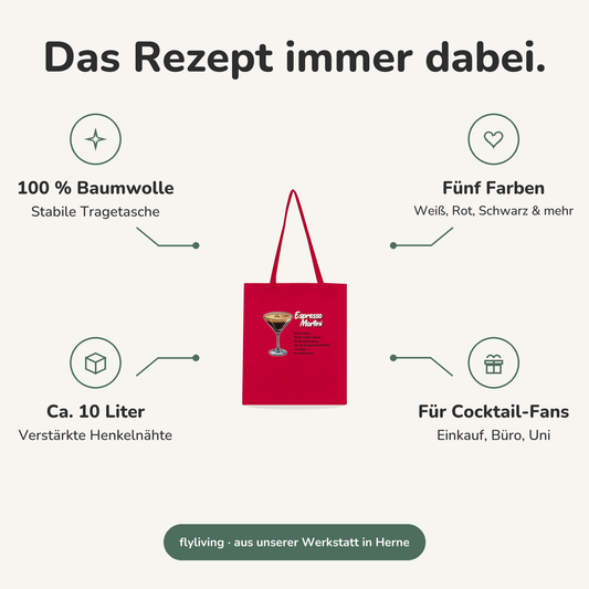 Erklärbild Das Rezept immer dabei. 100 % Baumwolle: Stabile Tragetasche, Fünf Farben: Weiß, Rot, Schwarz & mehr, Ca. 10 Liter: Verstärkte Henkelnähte, Für Cocktail-Fans: Einkauf, Büro, Uni