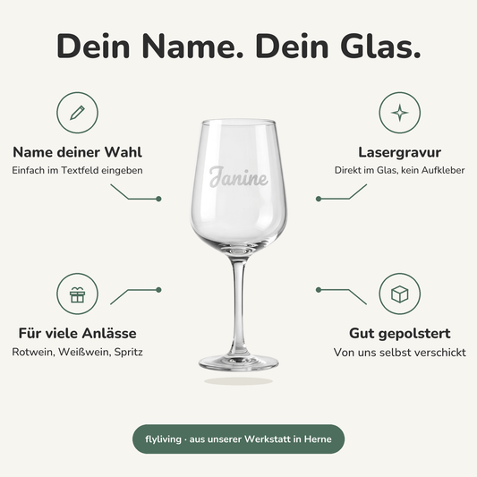 Erklärbild Dein Name. Dein Glas. Name deiner Wahl: Einfach im Textfeld eingeben, Lasergravur: Direkt im Glas, kein Aufkleber, Für viele Anlässe: Rotwein, Weißwein, Spritz, Gut gepolstert: Von uns selbst verschickt