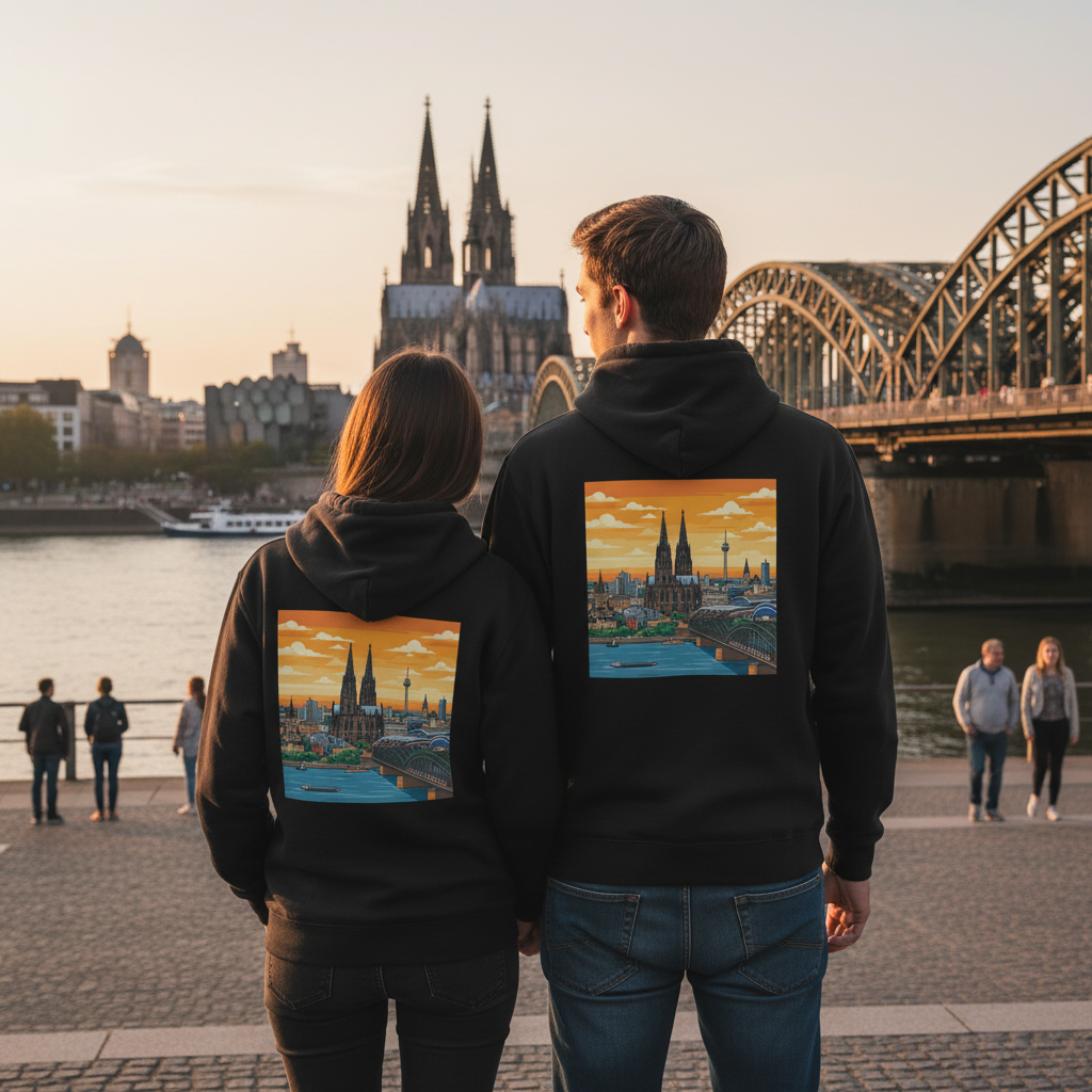 Schwarzer hooded sweatshirt mit buntem städte-hinterdruck deutscher humor nachhaltiger reißverschluss