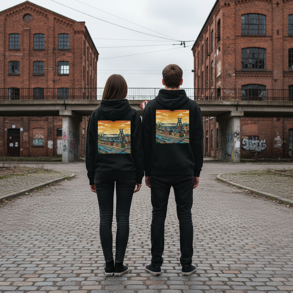 Schwarzer kapuzenpullover mit nachhaltigem reißverschluss und buntem städte-humor industrial sunset print auf der rückseite