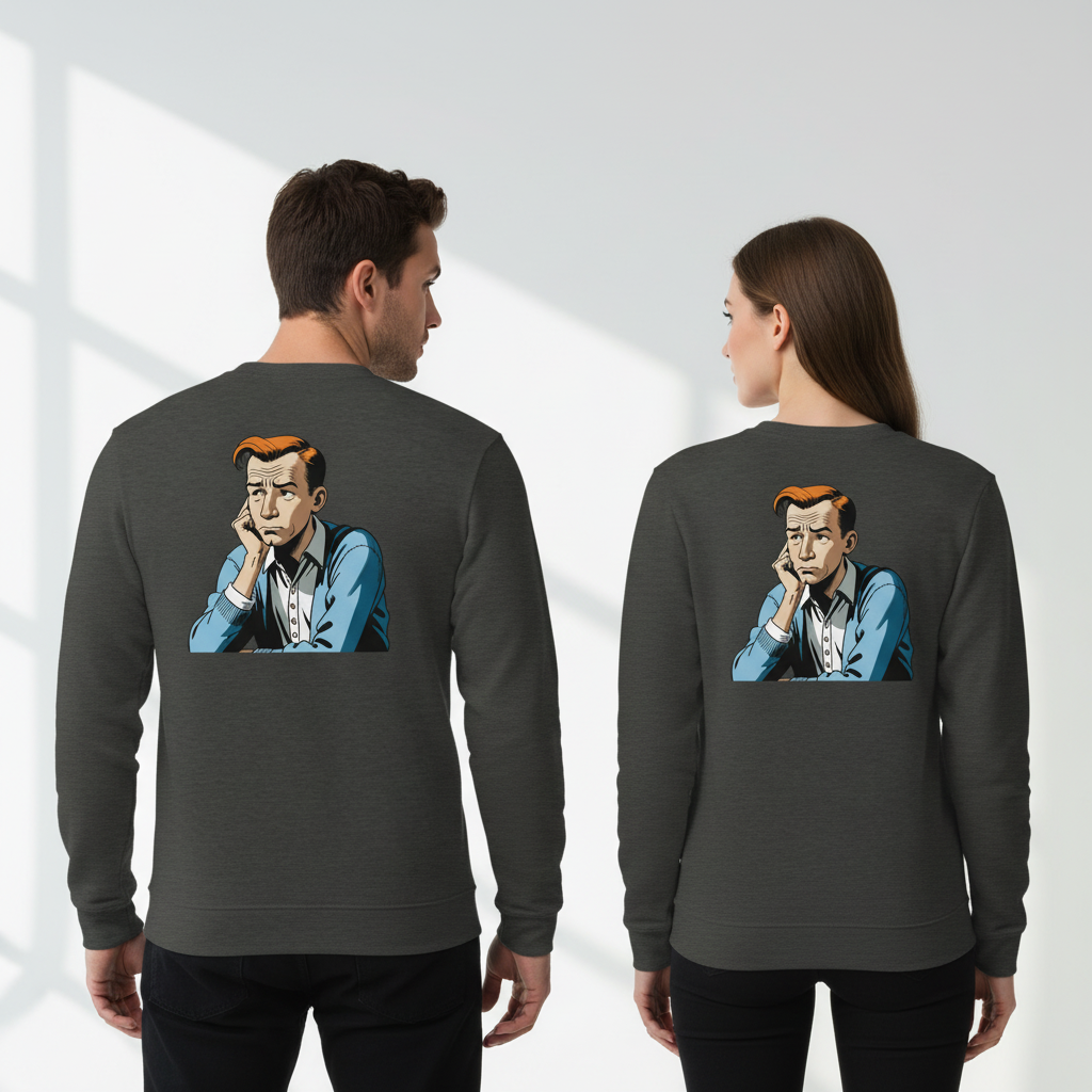Dunkelgrauer langärmliger vintage comic pullover mit cartoongrafik eines mannes mit orangen haaren auf der rückseite