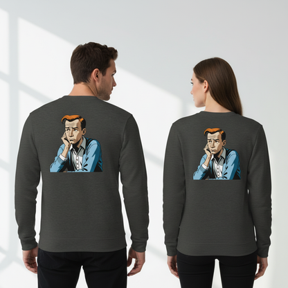 Dunkelgrauer langärmliger vintage comic pullover mit cartoongrafik eines mannes mit orangen haaren auf der rückseite