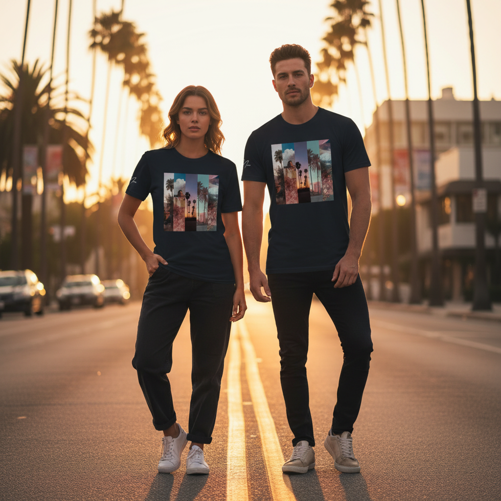 Navyblaue kurzarmshirt mit farbigem palmen- und strandmotiv print im la sentimental heavyweight t-shirt basic design