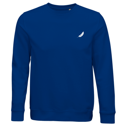 Royal blauer crewneck pullover mit weißer federstickerei links auf der brust vintage comic humorvoller sarcasm pullover