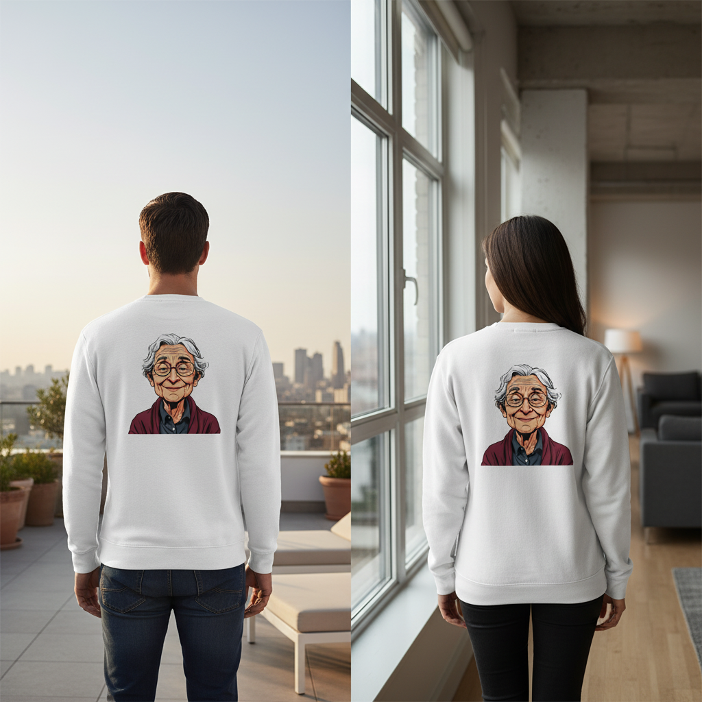 Weißer vintage comic pullover mit cartoonillustration einer älteren frau in bordeauxrotem mantel für alltag und style