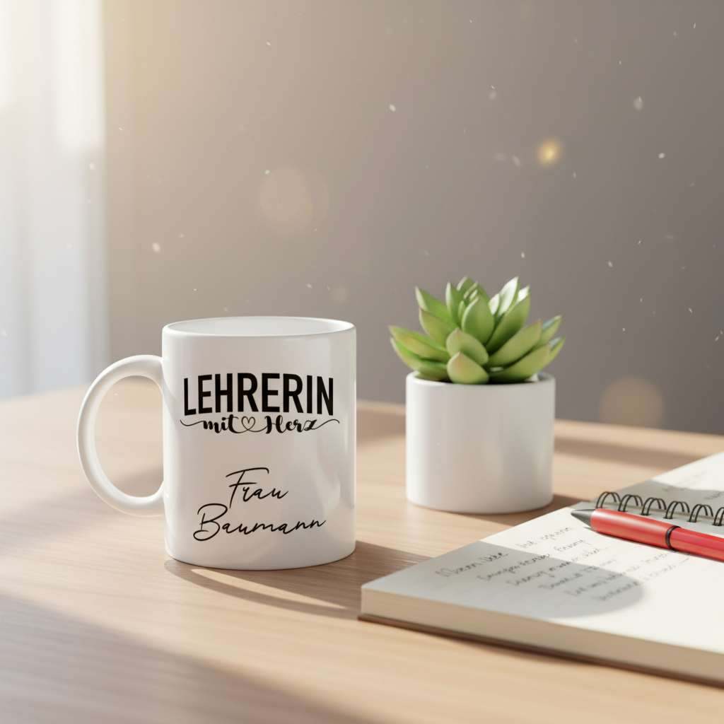 Personalisierte weiße keramik lehrertasse mit schwarzem kalligraphischem text lehrerin mit herz frau baumann