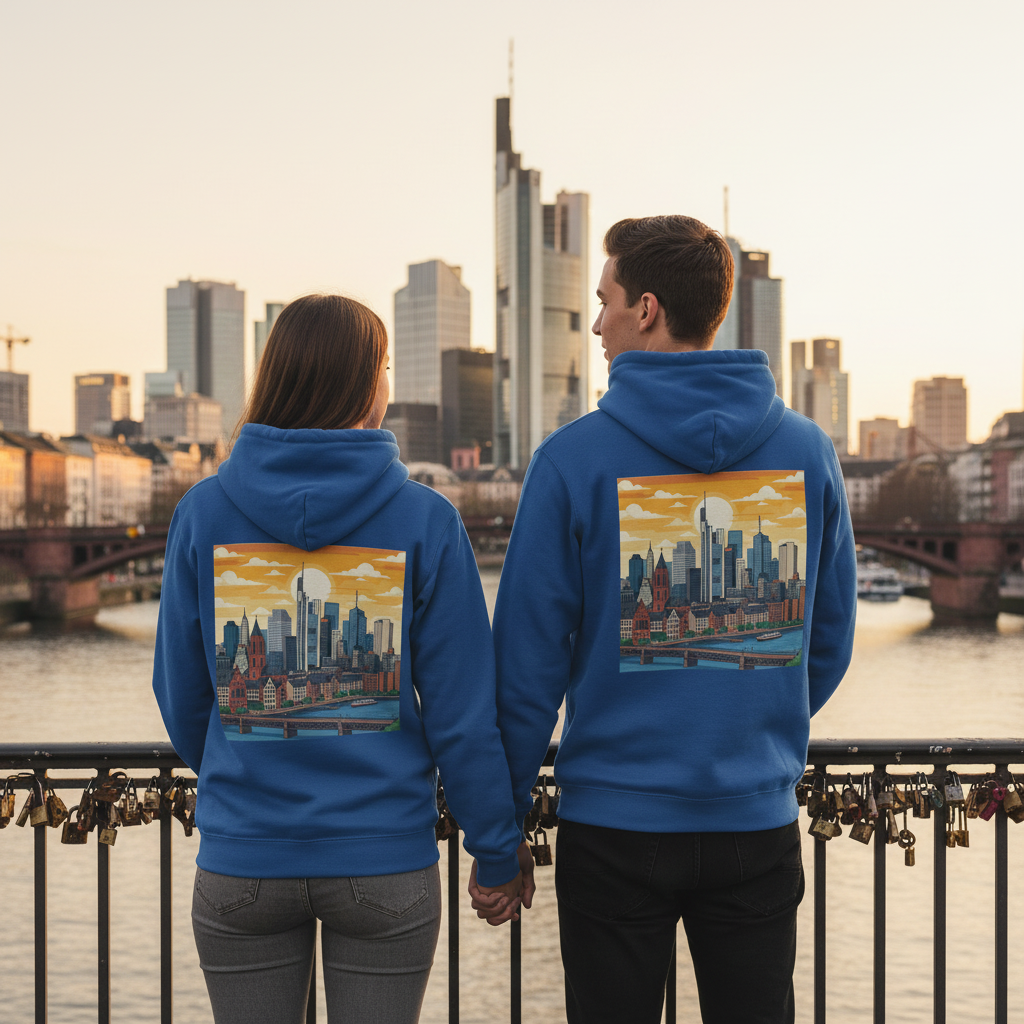 Blaue kapuzenjacke mit nachhaltigem reißverschluss und buntem städte-backprint auf der rückseite städte-hoodie deutscher humor