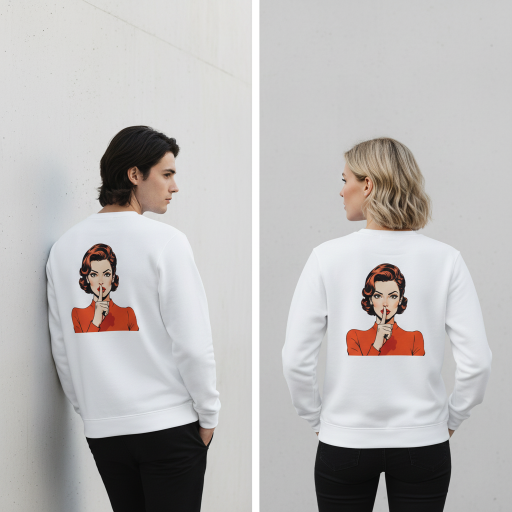 Weißer vintage comic pullover mit retroillustration einer frau im orangen kleid für alltag und style