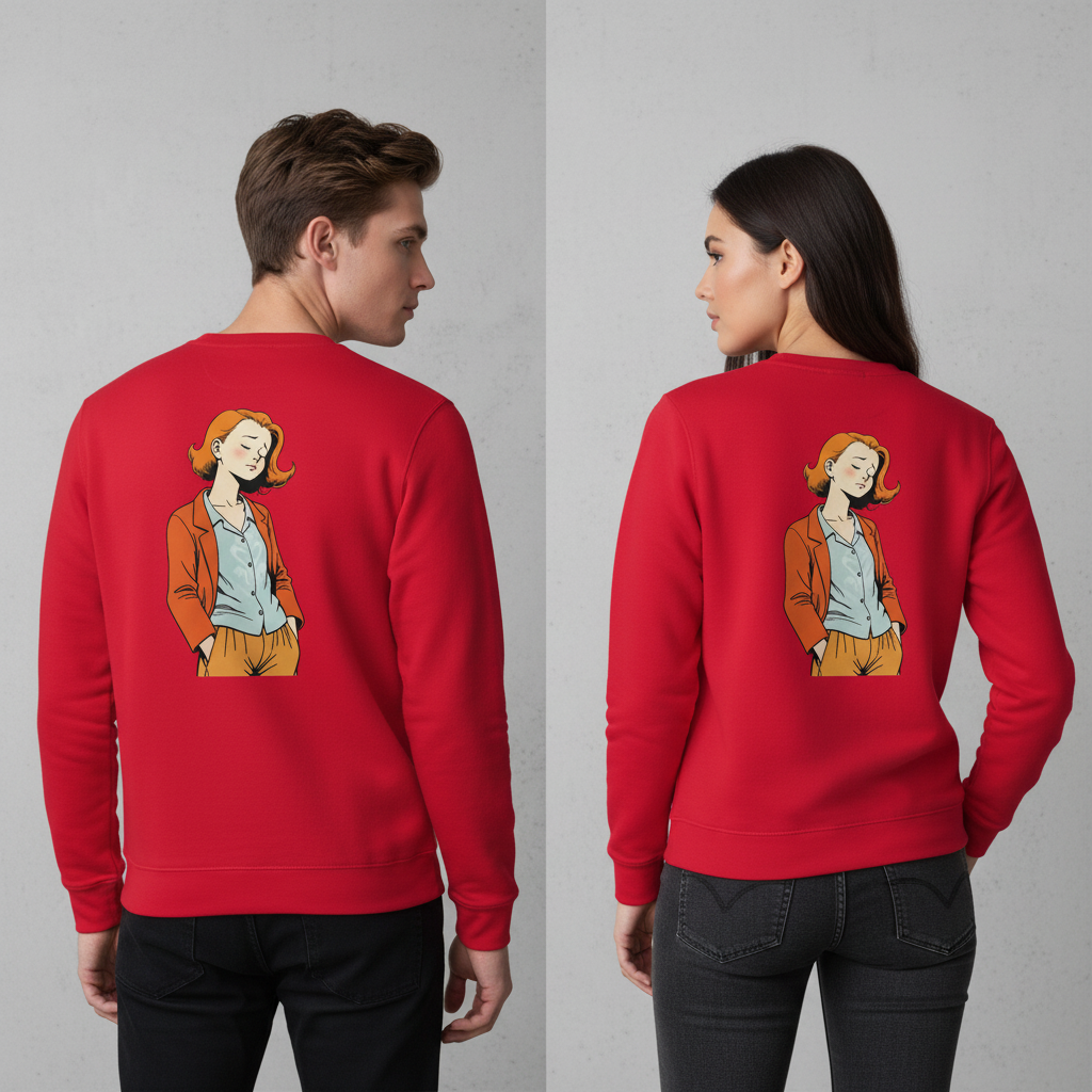 Roter vintage comic pullover mit cartoonillustration einer frau mit orangenen haaren und orangefarbener jacke