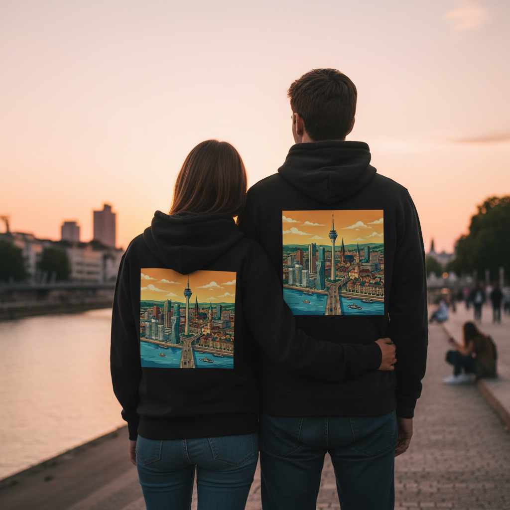 Schwarzer hooded sweatshirt mit farbenfrohem städte-illustrationsdruck auf der rückseite nachhaltiger reißverschluss
