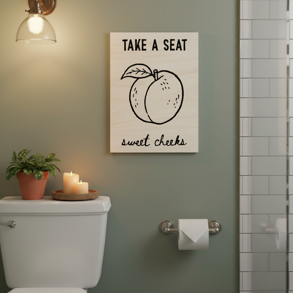 Lustiges Badezimmer Holzbild mit Spruch - Hochwertiger Holzdruck für Gäste WC - Rustikale Wanddeko aus Birkenholz - Geschenkidee für Freunde